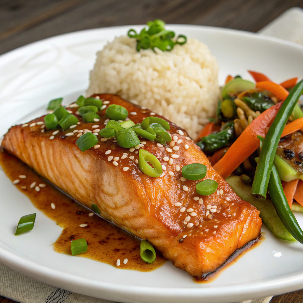 Plated miso-glazed salmon garnished with chopped green onions and sesame seeds, accompanied by steamed rice and a side of sautéed vegetables.