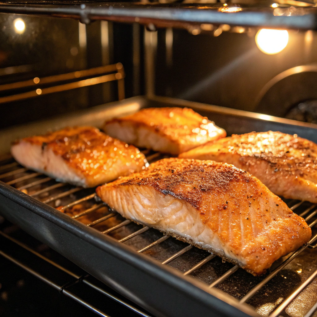 Salmon fillets in the oven, their surfaces caramelizing to a golden brown under the broiler.