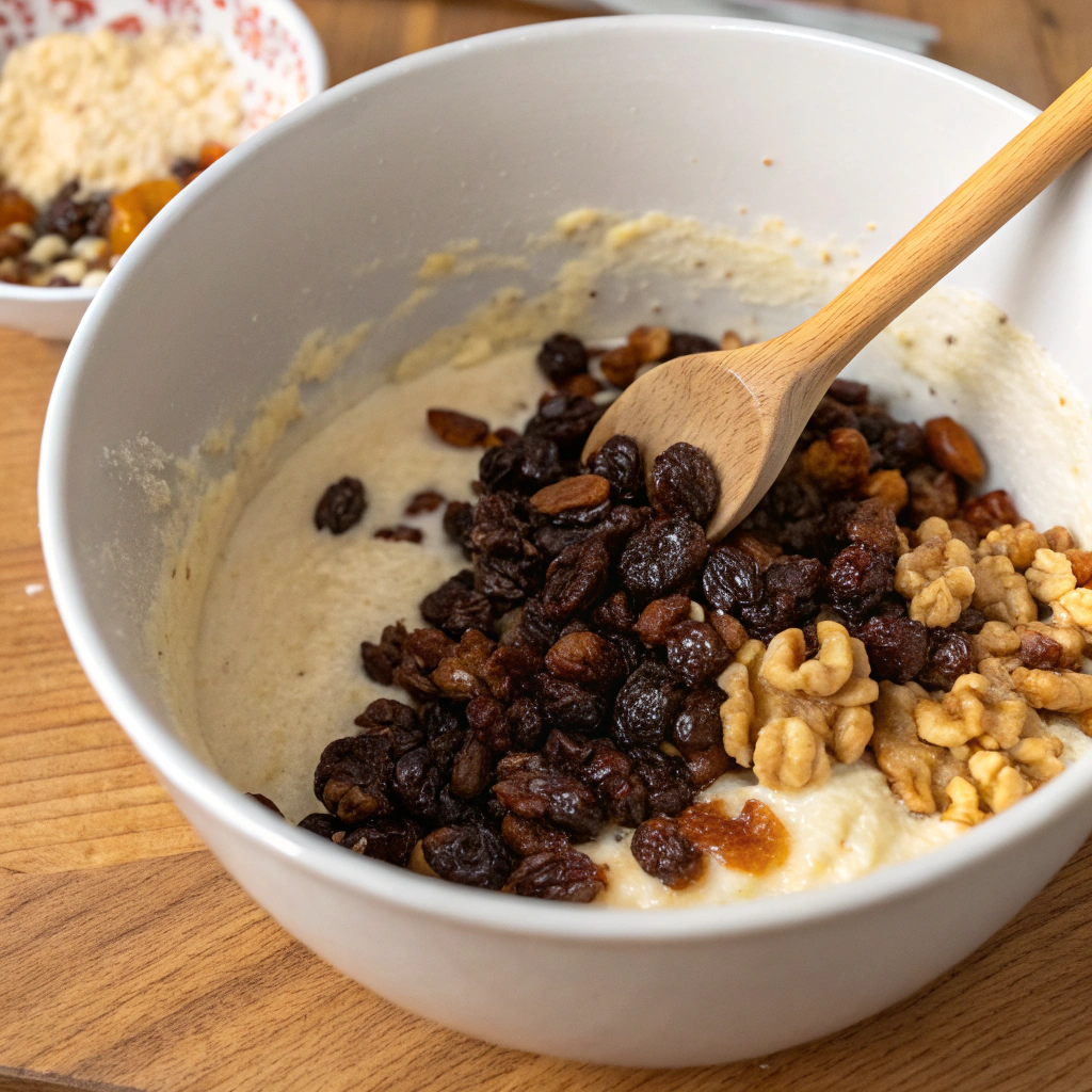 Raisins and walnuts being added to the batter