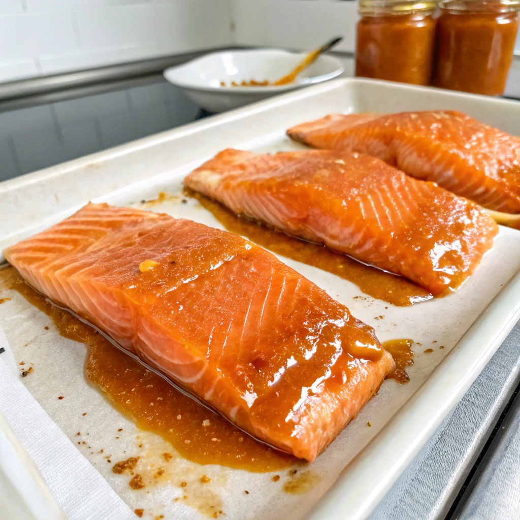 Salmon fillets generously coated with a glossy miso glaze, ready for baking.