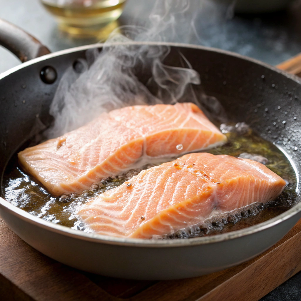 Salmon fillets gently poaching in a skillet with simmering water, steam rising softly.