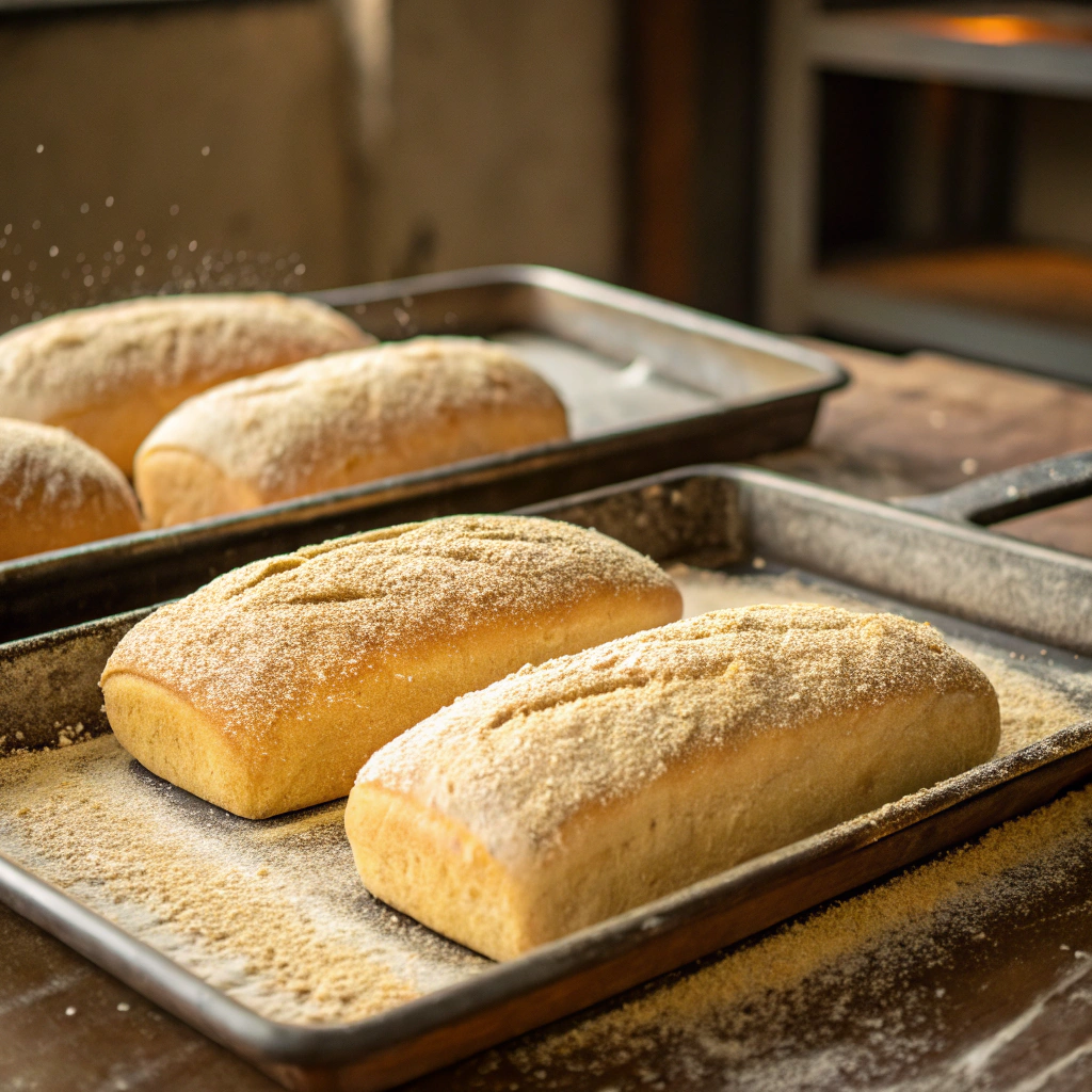 Shaped bread loaves resting on a baking sheet, dusted with cornmeal for texture.