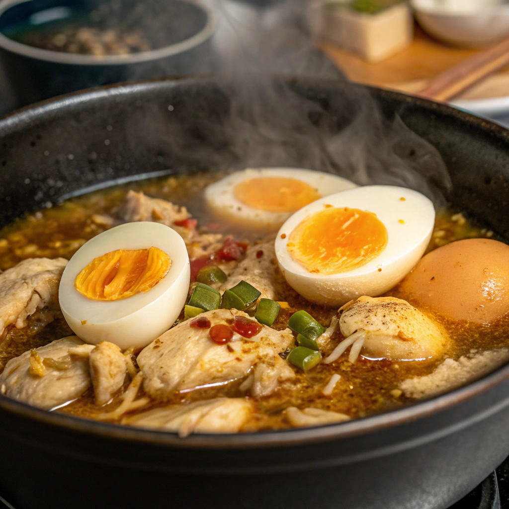 Silky, just-set eggs steaming over the chicken and broth mixture.