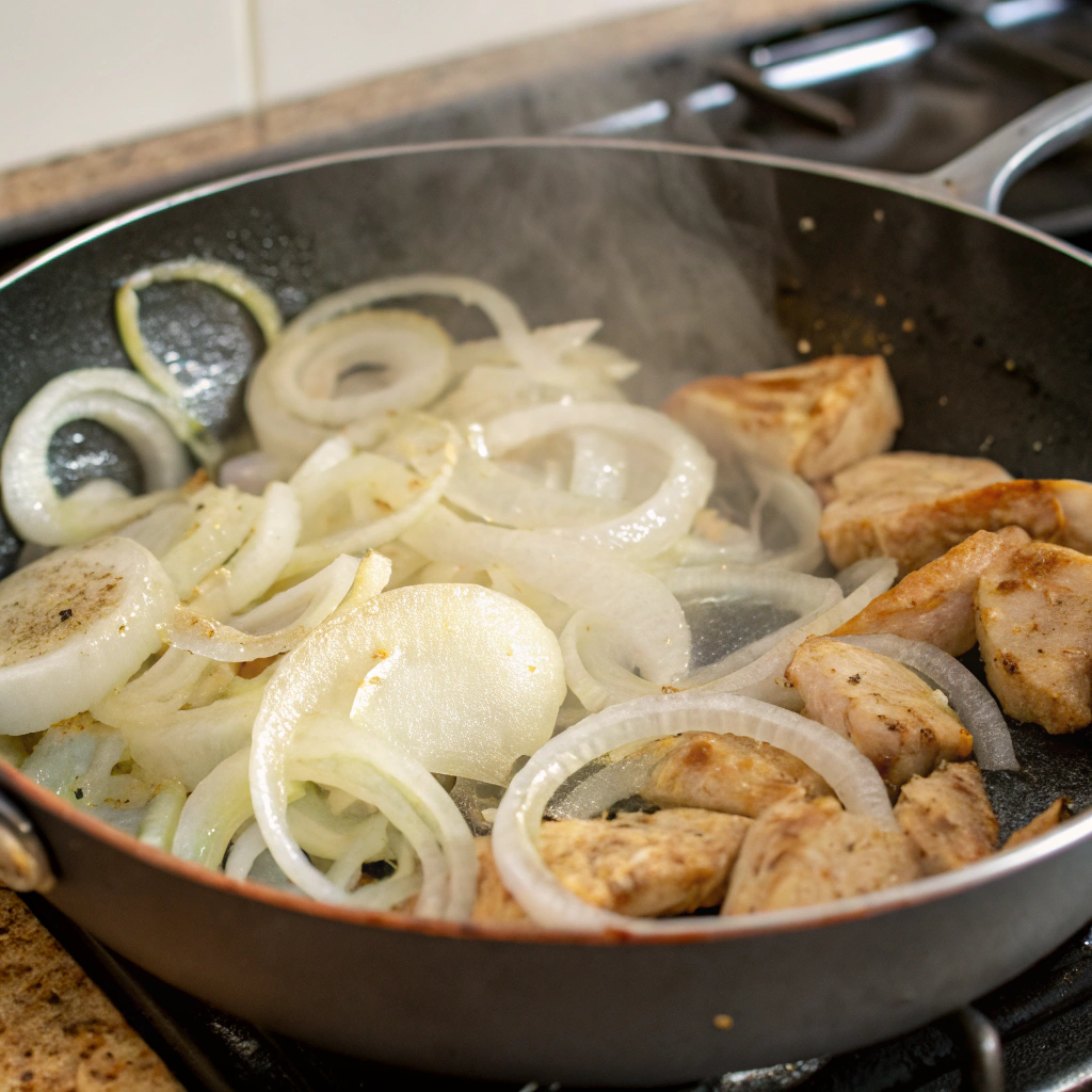 Sliced onions turning translucent in the skillet with the chicken.