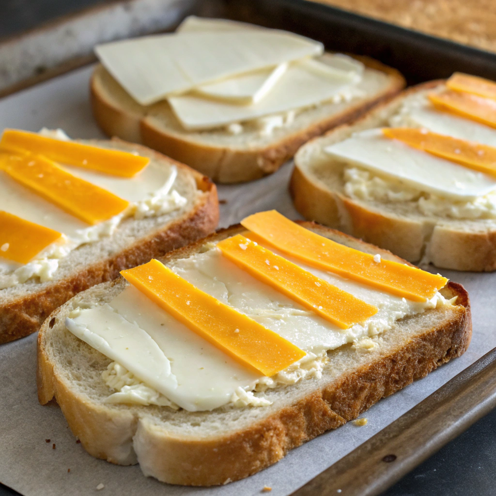 Sourdough bread slices buttered and layered with cream cheese and Cheddar slices, ready to be toasted.
