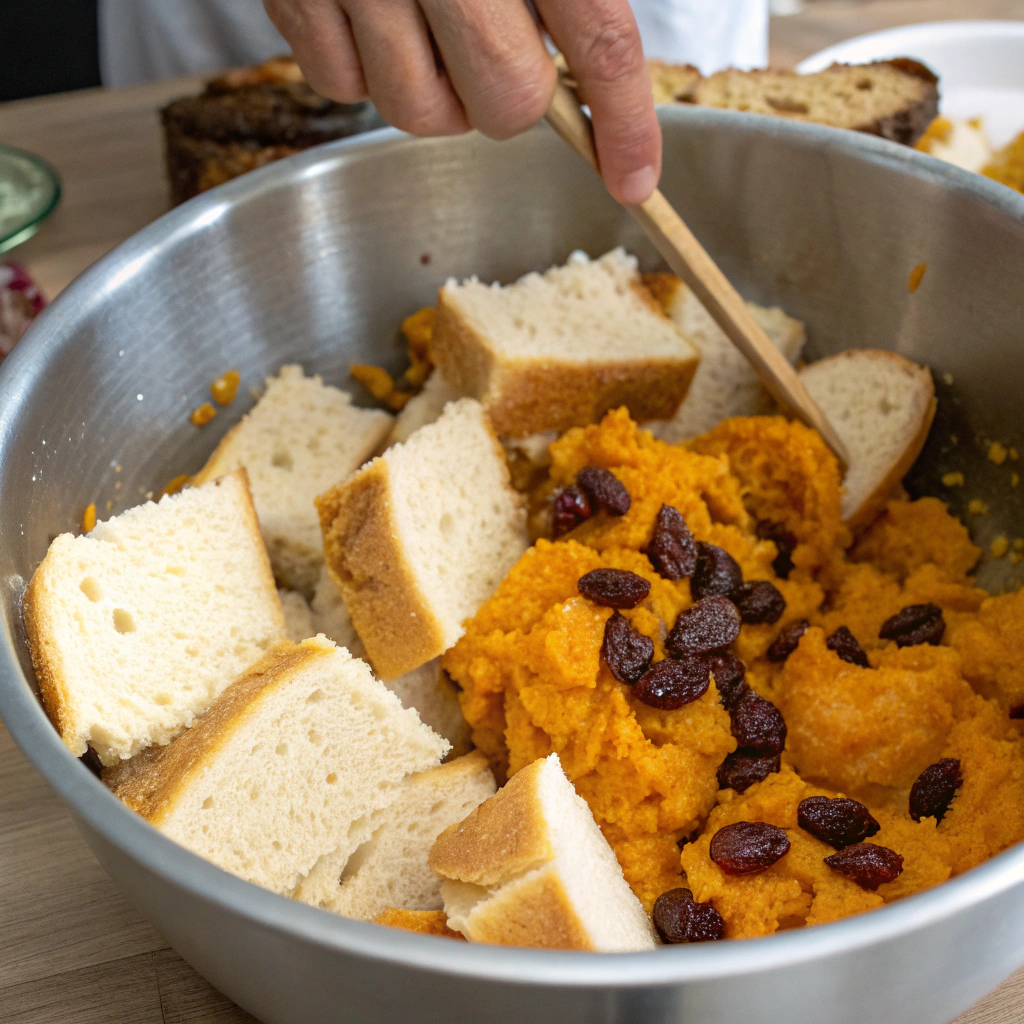 The pumpkin mixture being poured over the soaked bread, with raisins added, and everything gently tossed together in a large bowl.