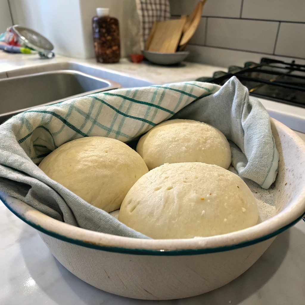 Three dough portions resting in a bowl, covered, and ready for their second rise.