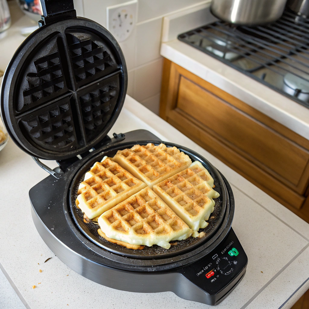 A waffle iron heating up, ready to create golden, crispy waffles.
