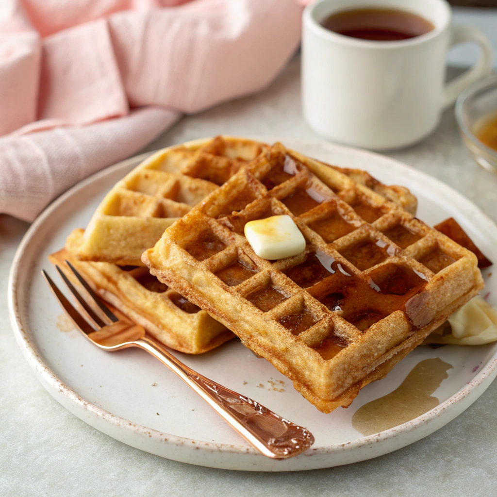 A stack of golden-brown waffles on a plate, topped with butter and drizzled with maple syrup. A side of fresh berries and a cup of coffee complete the inviting breakfast scene.