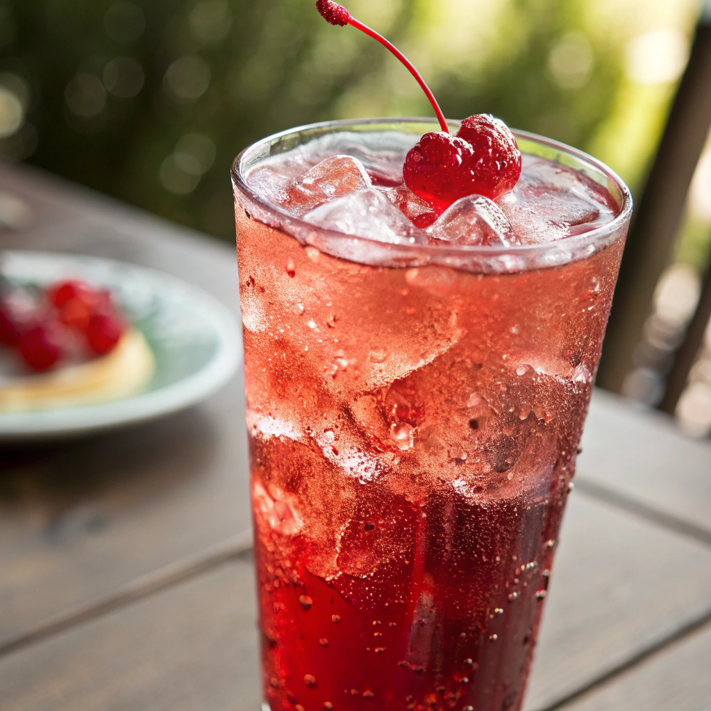 ultra-close-up, high-quality image of a single Dirty Shirley, capturing its vibrant red hue with glistening ice cubes and a bright maraschino cherry on top. The drink is served in a tall, clear glass, allowing the swirls of grenadine to shine through. The background is softly blurred, with bright, natural lighting highlighting the refreshing fizz. The image focuses on intricate details like tiny bubbles rising to the surface, ensuring an irresistible visual appeal.