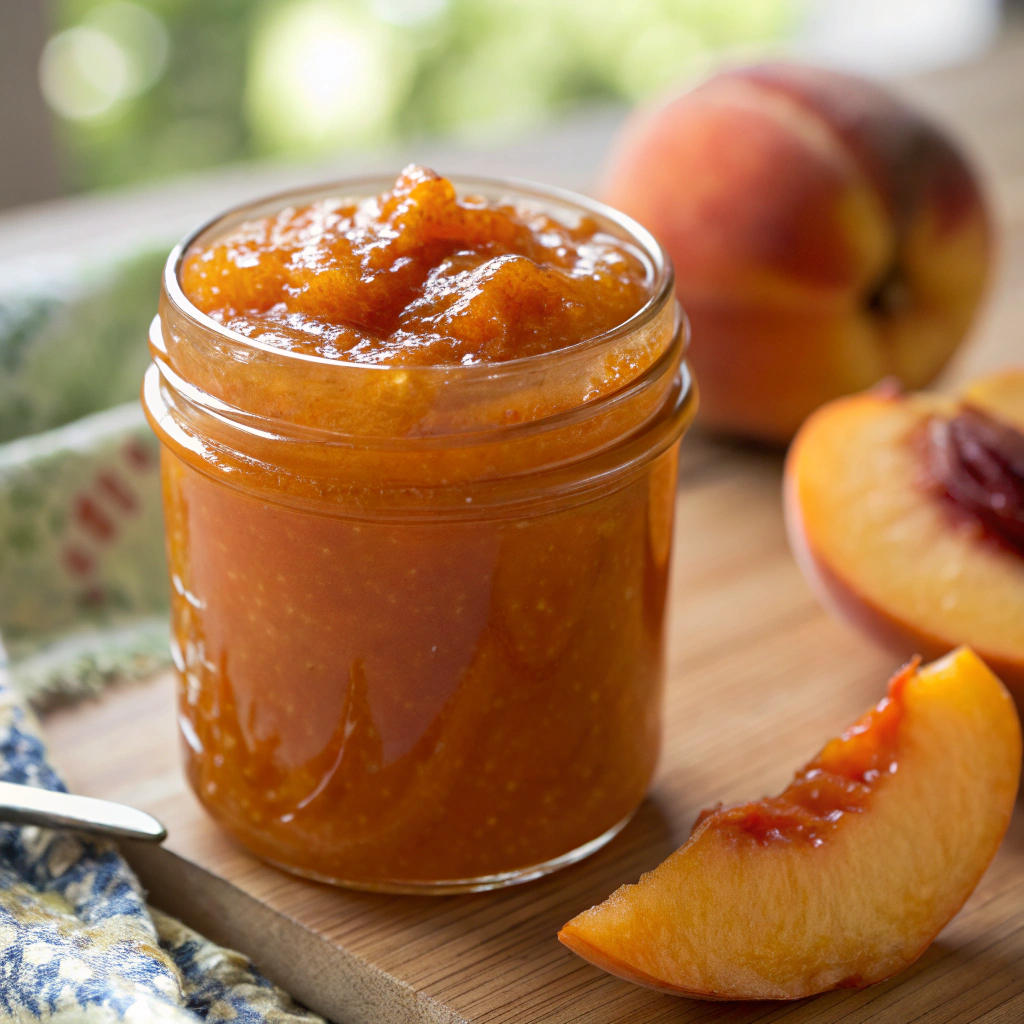 ultra-close-up, high-quality image of a single jar of homemade peach jam, capturing its vibrant orange color and smooth texture with intense focus. The jam should be in a small glass jar with a subtle drizzle on the rim, emphasizing its glossy, thick consistency. The background should be softly blurred with warm natural lighting highlighting the jam’s rich hue. Garnish with a fresh peach slice on the side for an inviting presentation.