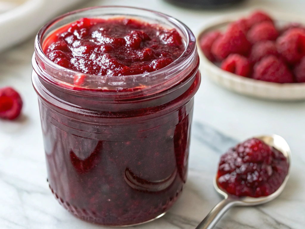 Generate an ultra-close-up, high-quality image of a single jar of raspberry jam, capturing its deep red hue, glossy texture, and thick consistency with intense focus. The jam should be in a clear glass jar with a simple lid, placed on a white marble countertop. The background should be softly blurred, emphasizing the rich color and texture of the jam. Natural lighting should highlight the glossy surface, and a small silver spoon with a dollop of jam should be placed beside it for added appeal.