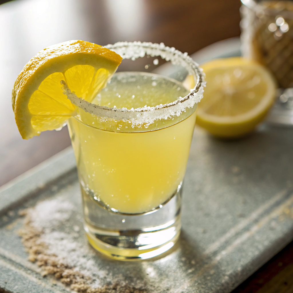 Ultra-close-up, high-quality image of a single Lemon Drop Shot Mocktail, capturing the vibrant yellow hue and glistening sugar-rimmed glass. The background is softly blurred to highlight the clarity of the drink, with light reflecting off the glass, enhancing its freshness. A sugared lemon wedge sits perfectly on the rim, ready to complement the citrusy sip.