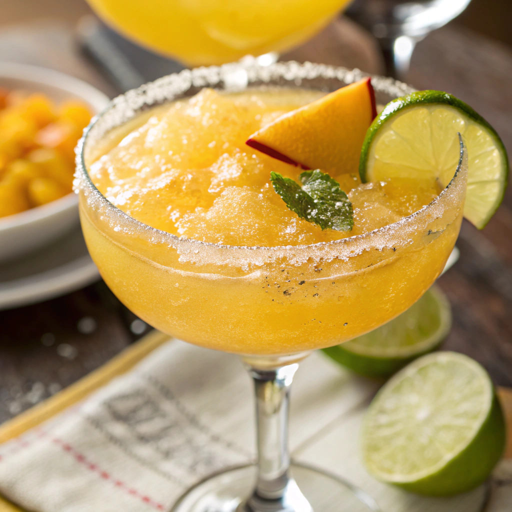Ultra-close-up, high-quality image of a single Mango Margarita Mocktail, capturing its vibrant golden-orange hue and frosty texture with intense focus. The glass is rimmed with sparkling sugar and garnished with a fresh mango slice and lime wedge. The background is softly blurred, emphasizing the refreshing appeal of the drink. Bright, natural lighting highlights the drink’s glossy surface and effervescent bubbles.