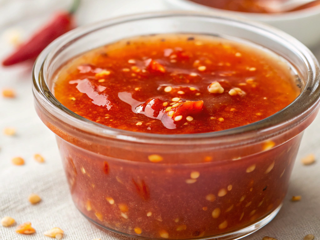 Ultra-close-up, high-quality image of a single jar of sweet chili sauce, capturing its glossy, ruby-red texture and tiny chili flecks. A spoon drips the sauce dramatically over the edge, creating a vibrant cascade. The jar sits on a white marble countertop with soft-blurred neutral background. Bright natural lighting emphasizes the sauce’s glossy sheen and fresh garnishes like red chili slices and cilantro leaves. Shadows add depth to the dripping motion, creating a dynamic yet clean composition.