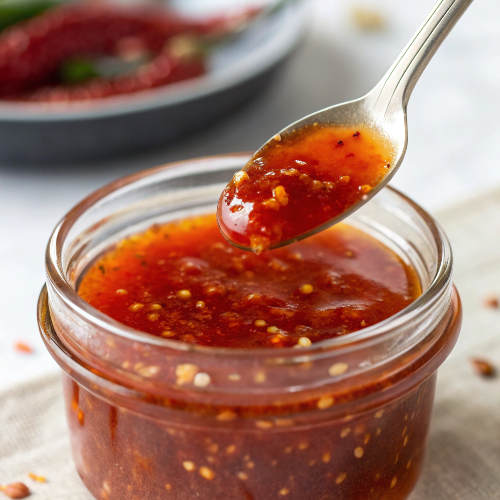 Ultra-close-up view of a clear glass jar filled with finished sweet chili sauce, centered on the marble countertop. A label reading ‘Homemade Sweet Chili Sauce’ ties with twine around the lid. Fresh cilantro sprigs frame the jar, with soft shadows adding depth.