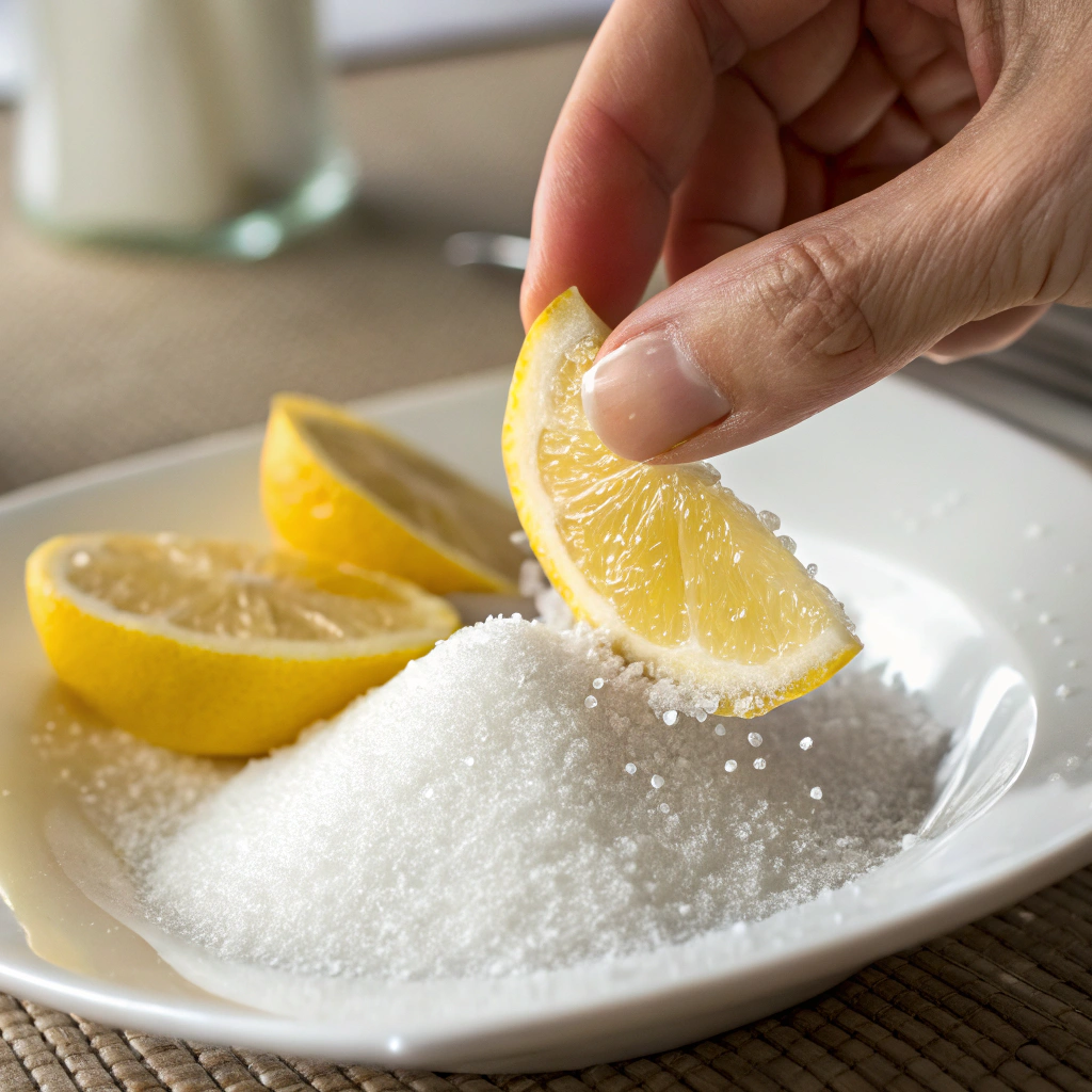 Ultra-close-up of a hand dipping a fresh lemon wedge into a small pile of sugar on a white plate. The sugar crystals cling to the lemon’s surface, creating a frosted effect.