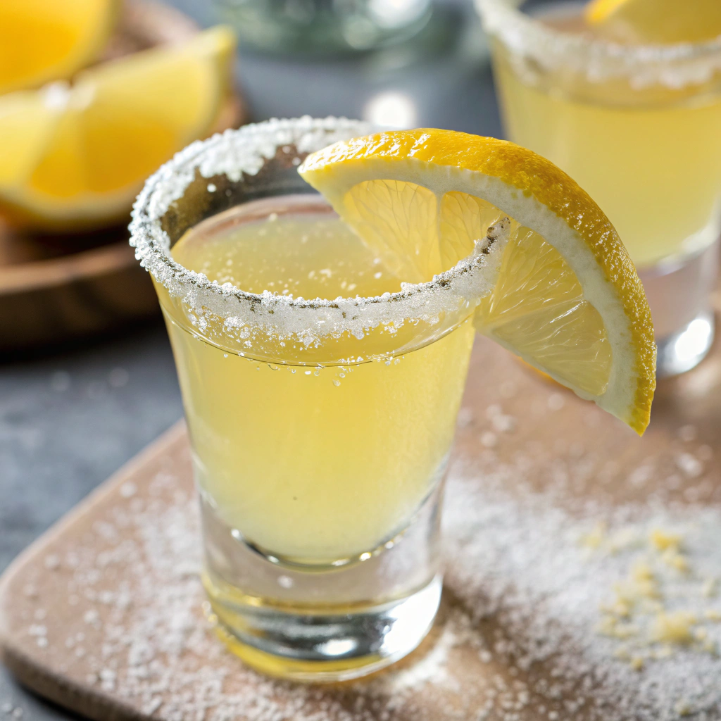 Ultra-close-up of a single Lemon Drop Shot Mocktail in a clear shot glass, garnished with a sugared lemon wedge resting on the rim. The background remains softly blurred, highlighting the drink’s vibrant color and texture.