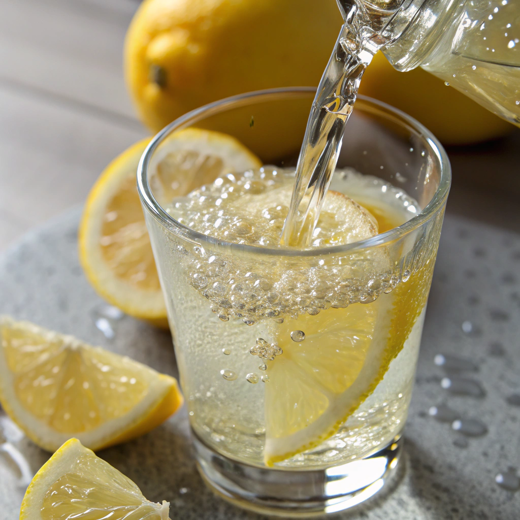 Ultra-close-up view of a clear shot glass being filled with freshly squeezed lemon juice and sparkling water. The light catches the bubbles rising to the top, emphasizing the drink’s refreshing nature.