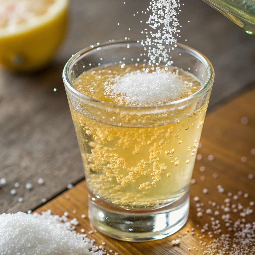 Ultra-close-up of sugar being sprinkled into a shot glass filled with lemon juice and sparkling water. Tiny sugar granules float momentarily before sinking into the golden liquid.