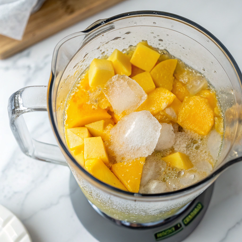 Ultra-close-up view of a blender on a white marble countertop, filled with bright yellow mango chunks, ice, and fizzy bubbles from ginger ale. The blender's blades are partially submerged, ready to blend the ingredients into a smooth and creamy texture. The lighting enhances the vibrant colors of the fresh ingredients.