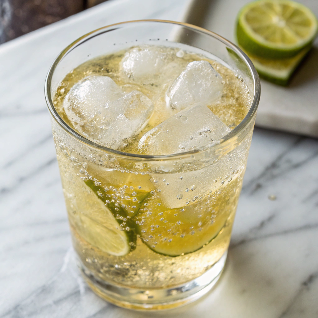 Ultra-close-up view of a hand pouring lemon-lime soda and ginger ale into the glass. The golden fizz bubbles up, creating a refreshing sparkle against the clear ice cubes.