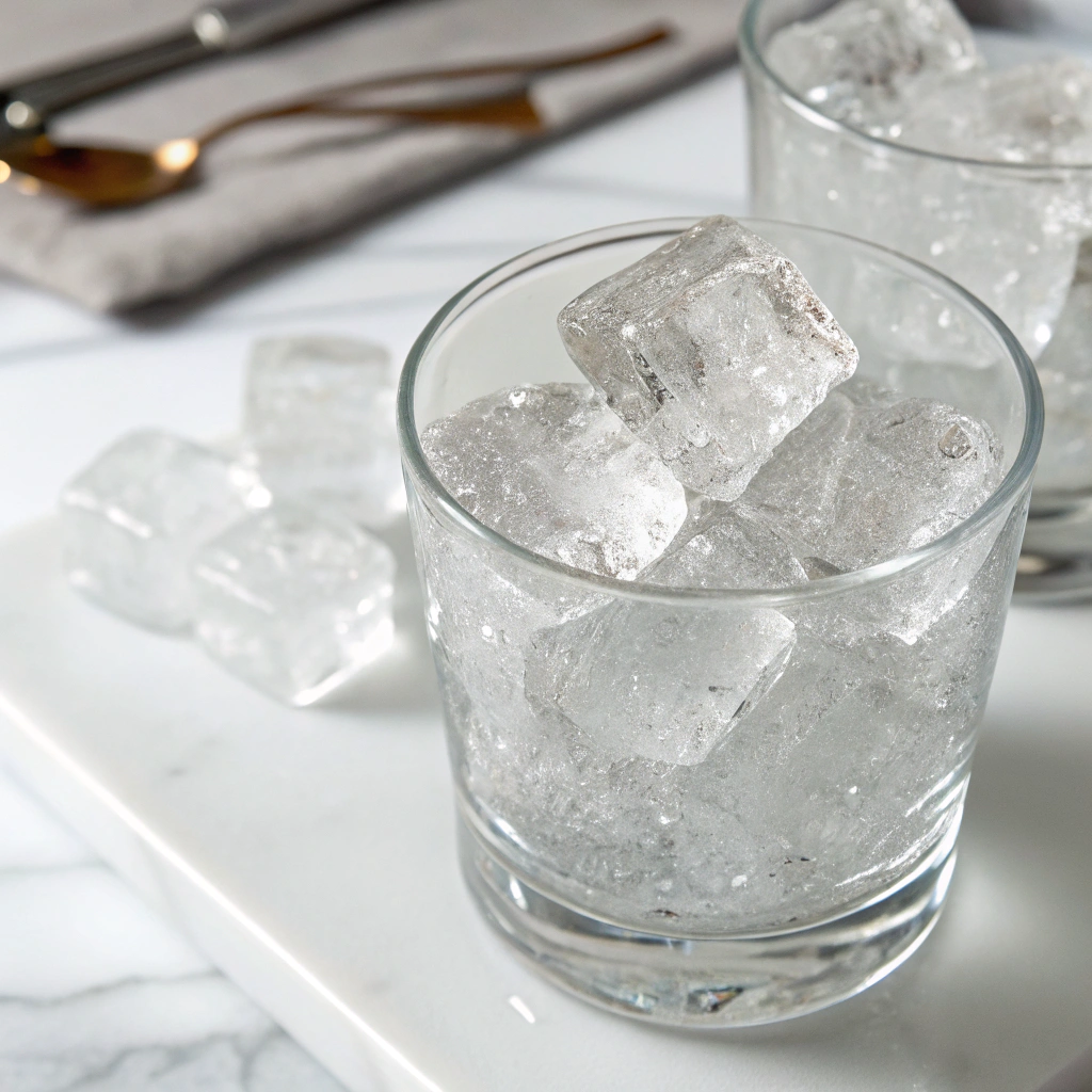 Ultra-close-up view of a clear glass being filled with large, glistening ice cubes on a white marble countertop. The lighting captures the coolness of the ice, with condensation forming on the sides of the glass.