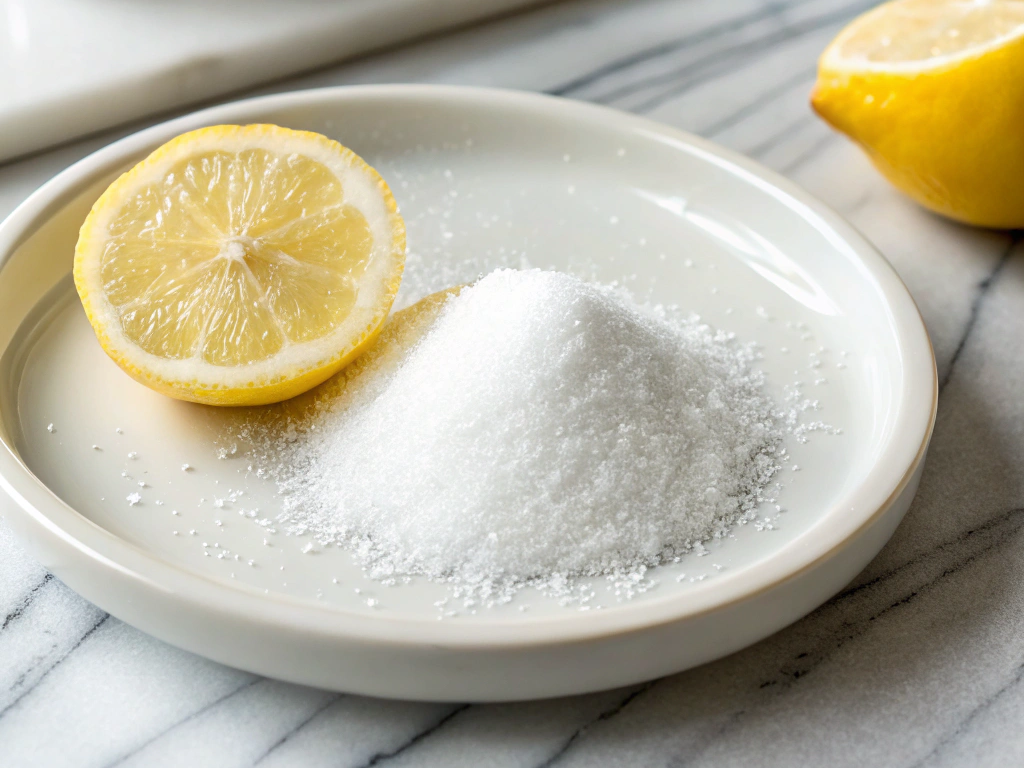 Ultra-close-up view of a white plate with a small mound of granulated sugar, placed on a clean marble countertop. A lemon wedge sits nearby, ready to be dipped into the sugar.