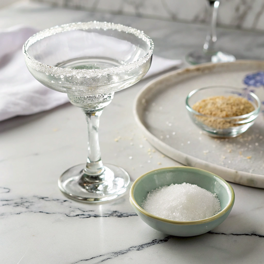 Ultra-close-up view of a margarita glass being dipped into a small dish of granulated sugar. The sugar adheres to the rim, creating a sparkly, frosted effect. The soft lighting highlights the contrast between the smooth glass and the crystalline sugar texture.