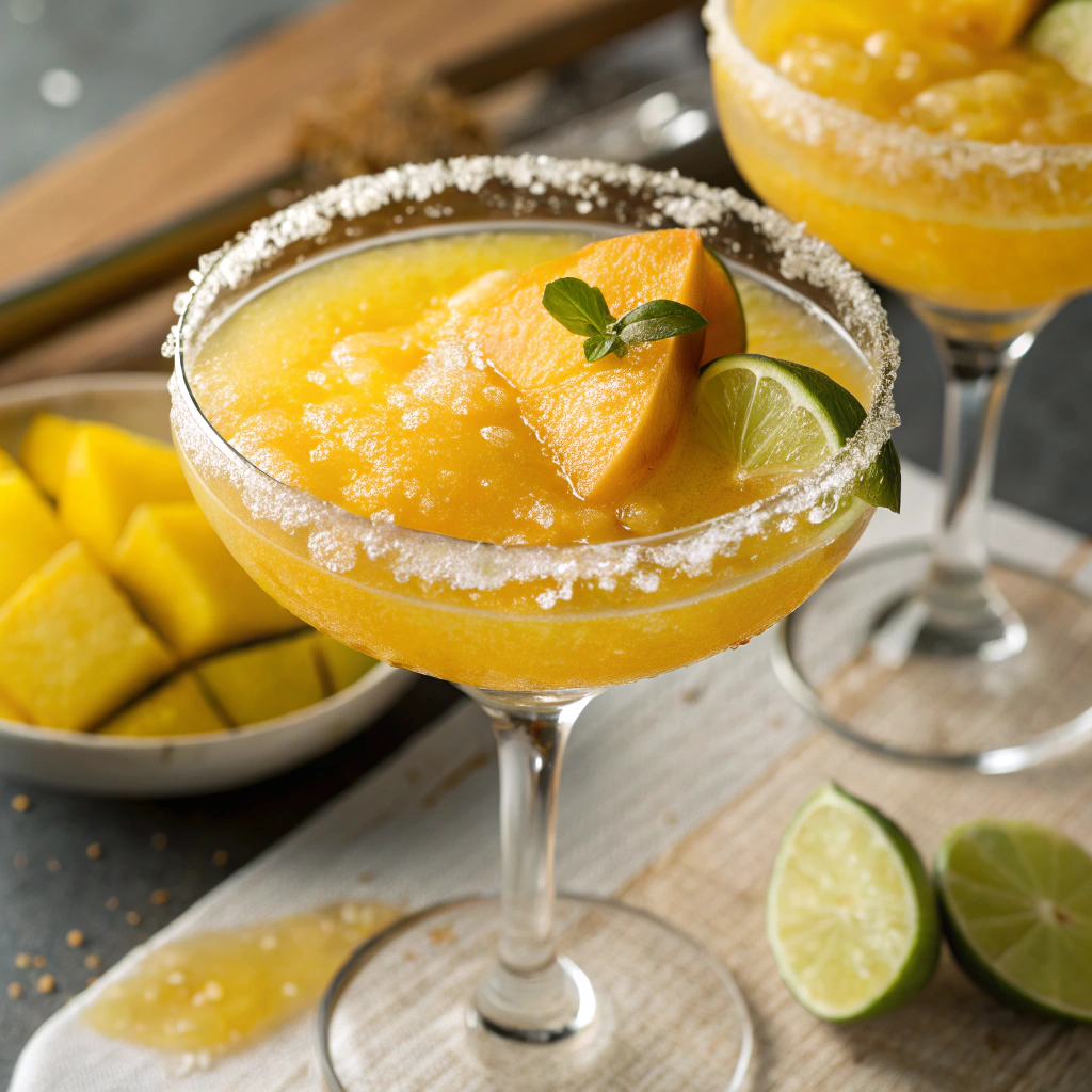Ultra-close-up view of a freshly poured Mango Margarita Mocktail in a sugar-rimmed glass, garnished with a juicy mango slice and a lime wedge. Tiny bubbles rise to the surface, emphasizing the refreshing fizz. The background is softly blurred, keeping the focus on the drink’s vibrant golden-orange hue.