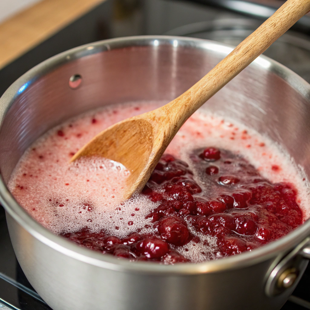 Ultra-close-up view of a wooden spoon stirring the raspberry mixture in a stainless steel pot on the stove. The sugar is visibly dissolving, and the jam takes on a glossier texture. The bubbling mixture showcases vibrant red hues with a thickening consistency.