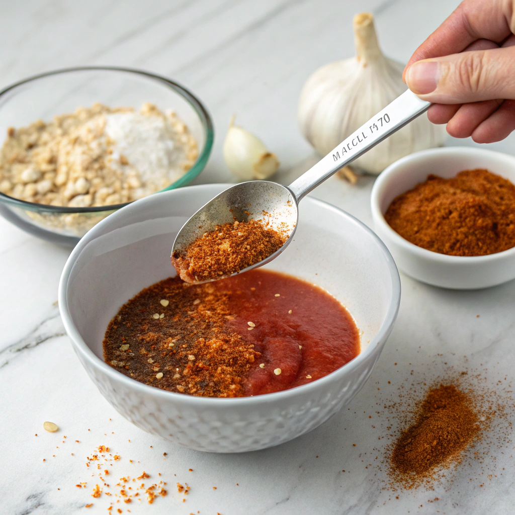 Ultra-close-up view of a hand shaking chili powder into the bowl from a measuring spoon. Spice specks float above the sauce, with garlic and onion powder visible on the marble surface. The same bowl and lighting maintain visual consistency.