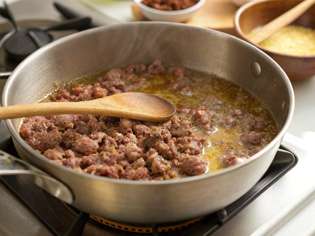 Close-up view of a large pot on a white marble countertop, showing ground beef sizzling in olive oil. A wooden spoon rests beside the pot, and a small bowl of pre-measured spices sits in the blurred background, illuminated by bright, natural lighting.