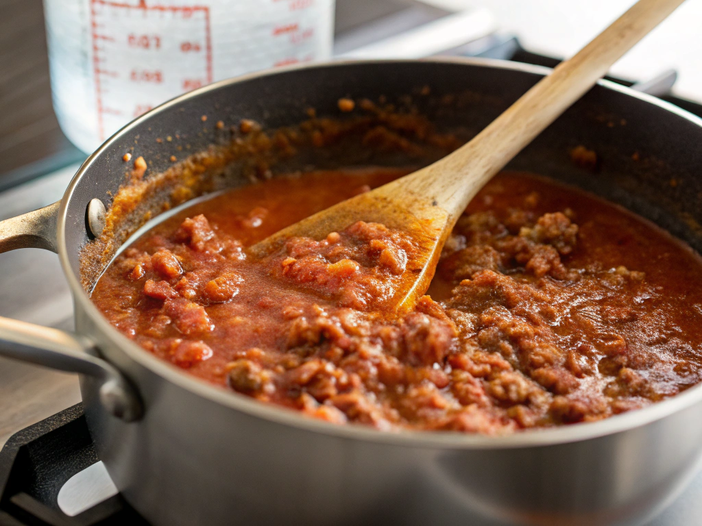 Close-up view of a pot on a white marble countertop, showing a thick, bubbling mixture of tomato puree, spices, and ground beef. A wooden spoon is partially submerged in the mixture, and a measuring cup filled with water sits in the blurred background, illuminated by bright, natural lighting.