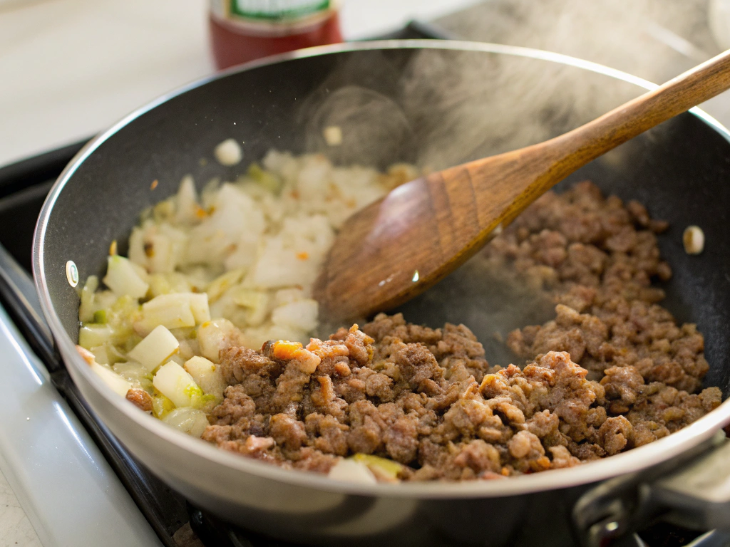 Close-up view of a pot on a white marble countertop, showing sautéed onions and garlic mixed with ground beef and spices. A wooden spoon is stirring the mixture, and a small jar of tomato paste sits in the blurred background, illuminated by bright, natural lighting.