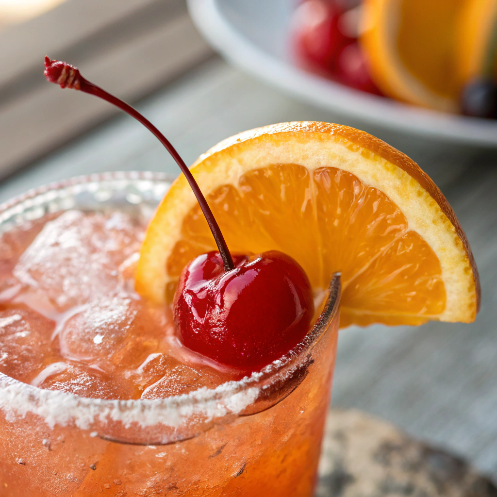 Ultra-close-up view of a vibrant maraschino cherry resting on top of the drink, with an orange slice perched on the rim. The drink sparkles under natural light, highlighting its inviting and refreshing appeal.