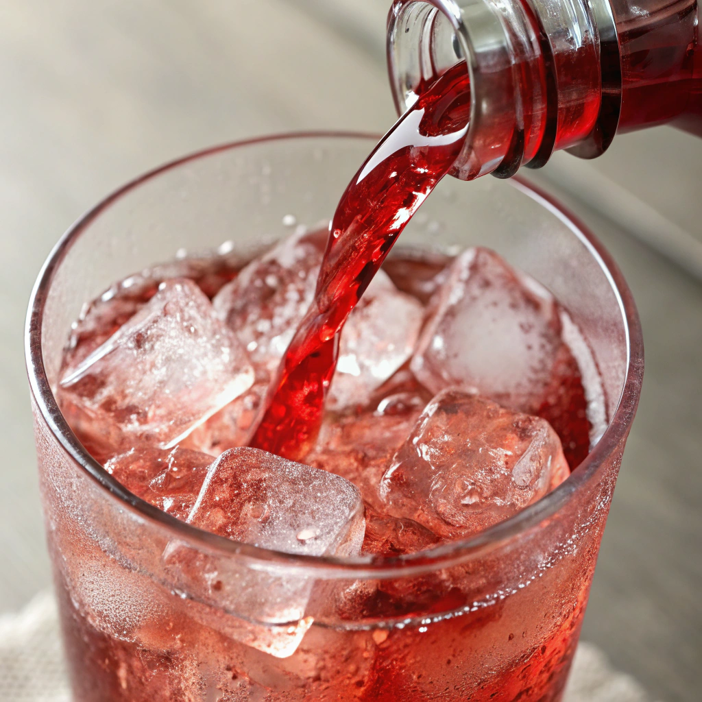 Ultra-close-up view of a rich red stream of grenadine being poured into the glass. The syrup cascades through the soda, forming mesmerizing patterns as it blends.