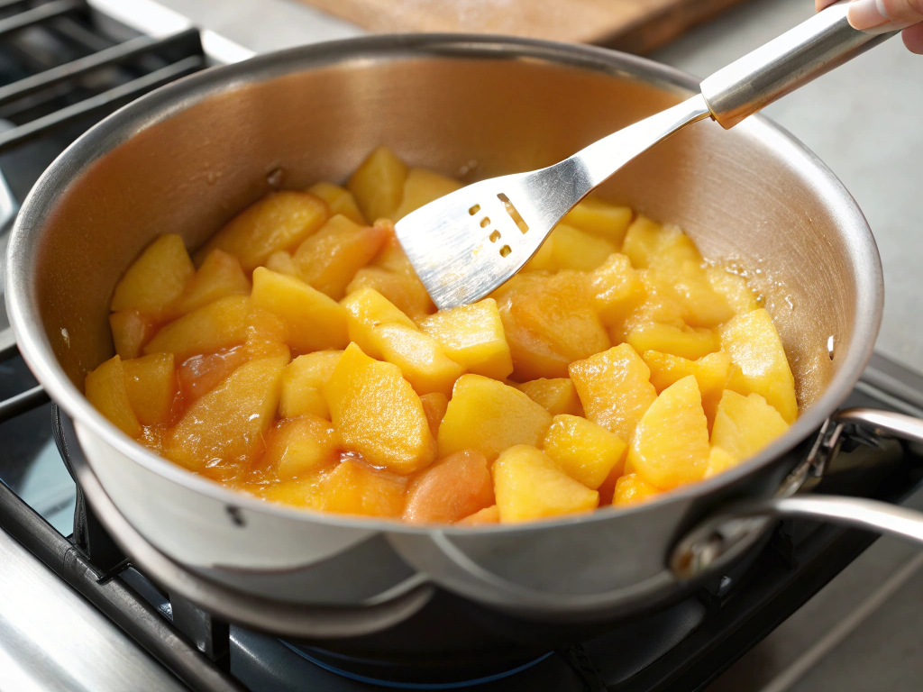 Ultra-close-up view of a saucepan on a white marble countertop, filled with freshly chopped peaches and lemon juice. The peaches are beginning to soften, and a hand is using a spatula to mash them. Natural lighting highlights the fruit’s golden-orange hue.