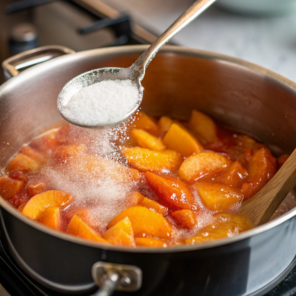 Ultra-close-up view of a saucepan on a stove, showing sugar being stirred into softened peaches. The mixture is thickening, and steam rises gently, creating a warm glow under the kitchen lights.