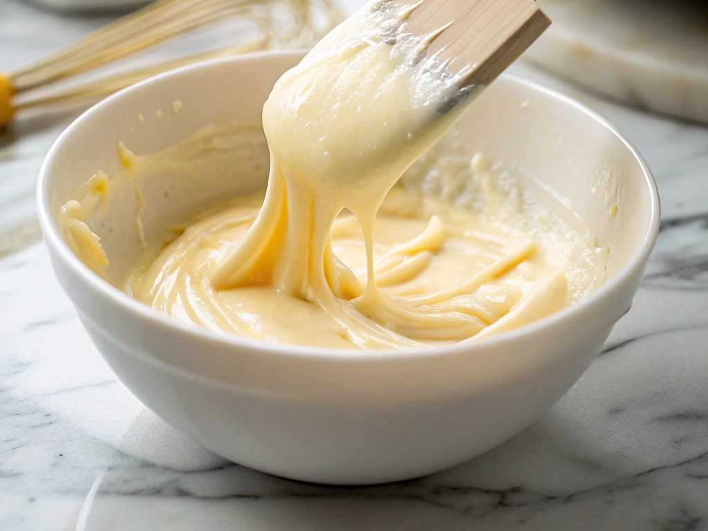 Ultra-close-up view of a silicone spatula folding honey into mayonnaise in a white bowl. Thick sauce ribbons cascade under natural light, condensed milk droplets visible on the marble counter.