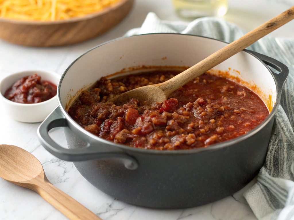 Close-up view of a simmering pot on a white marble countertop, showing the final no bean chili mixture. A wooden spoon is resting beside the pot, and a small bowl of shredded cheese sits in the blurred background, illuminated by bright, natural lighting.