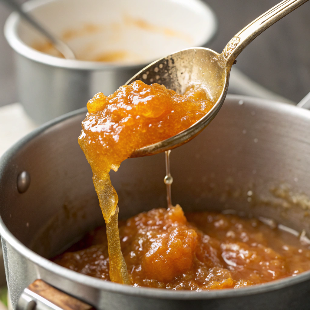 Ultra-close-up view of a spoon lifting thickened peach jam above a saucepan, with golden jam slowly draping off the spoon, indicating its perfect consistency.