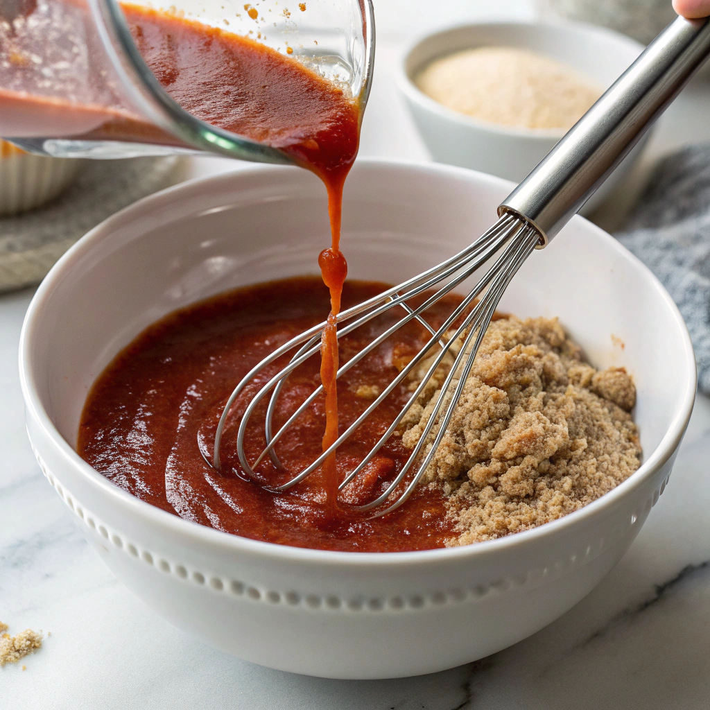 Ultra-close-up view of a stainless steel whisk blending tomato sauce and brown sugar in a white ceramic bowl on a white marble countertop. Streams of vinegar pour from a measuring spoon into the mixture. Bright natural lighting highlights the glossy texture and rich red hue.