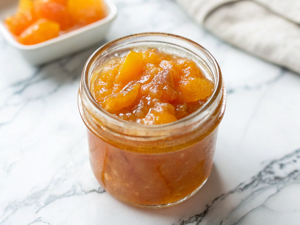 Ultra-close-up view of freshly made peach jam being poured into a small glass jar on a white marble countertop. A slight drizzle over the jar’s rim highlights its smooth, glossy texture.
