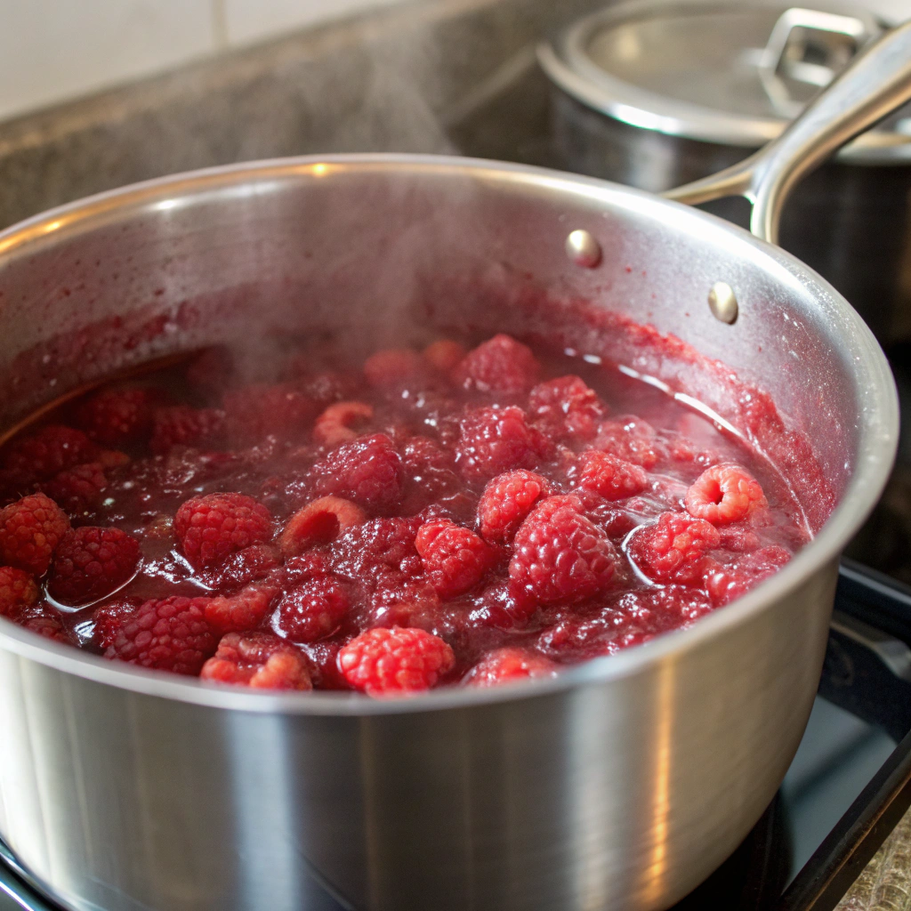 Ultra-close-up view of mashed raspberries simmering in a stainless steel pot on a stove. The berries are bubbling gently, releasing their deep red juices. The steam rises softly, and the glossy surface of the jam catches the light, enhancing its rich texture.