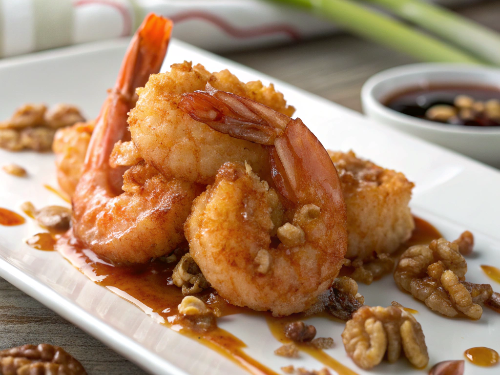 Ultra-close-up view of sauce-coated shrimp tumbling onto a white plate, candied walnuts scattering across the surface. Sauce drips cling to one shrimp against a softly blurred green onion garnish.