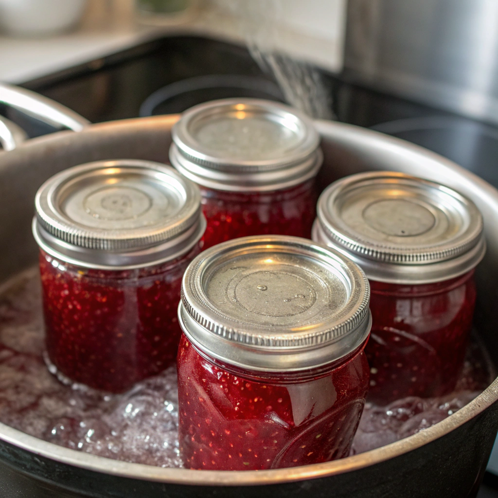 Ultra-close-up view of several glass jars submerged in a boiling water bath on a stovetop. The water is bubbling around the jars, and condensation forms on the inside of the lids, indicating a proper seal is forming.