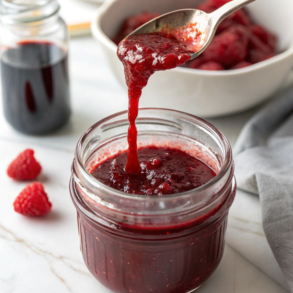 Ultra-close-up view of a glass jar being filled with hot raspberry jam on a white marble countertop. The jam is thick and glossy, pouring smoothly from a ladle into the jar. The vibrant red color contrasts beautifully with the clear glass.