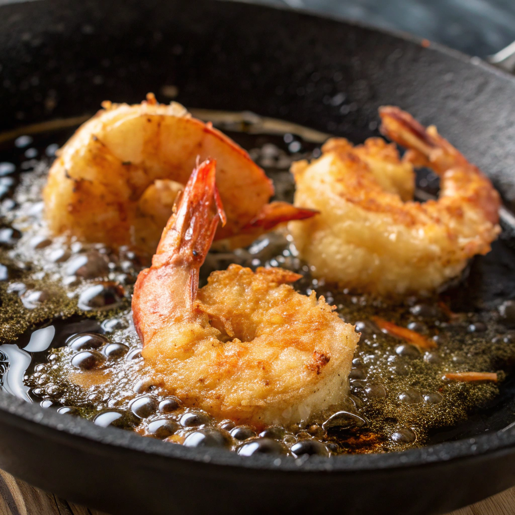 Ultra-close-up view of three batter-coated shrimp sizzling in a cast iron skillet, oil bubbles dancing around their edges. Golden crust contrasts with the dark pan, steam rising into blurred natural light.