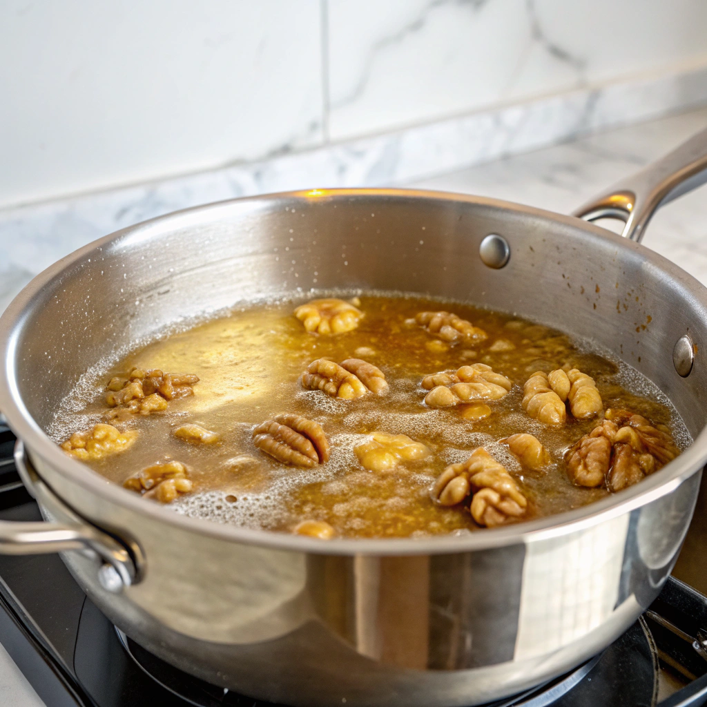Ultra-close-up view of translucent sugar syrup bubbling in a stainless steel saucepan, with walnuts submerged in golden liquid. Steam rises against a blurred white marble backsplash. Natural light reflects off the glossy syrup surface.